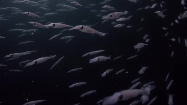 Thousands of Newborn Baby Squid Swimming, Mass Cephalopod Hatchlings Deep Underwater