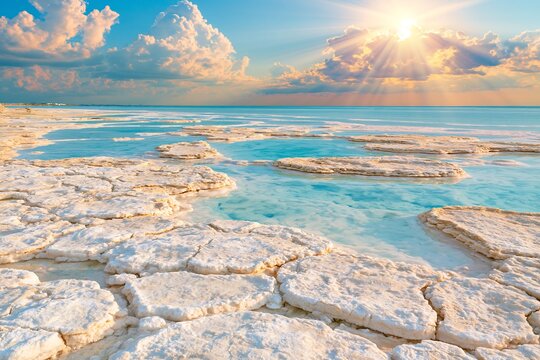 Dead Sea salt crystal formations with turquoise water under a bright sunset
