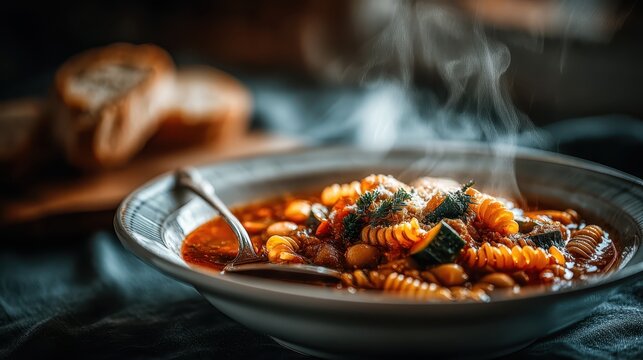 Steaming bowl of hearty vegetable minestrone soup with fusilli pasta, zucchini, and fresh herbs on a rustic table