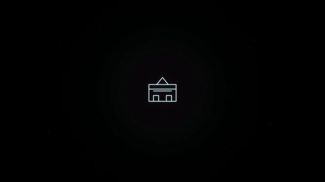 Minimalist white line icon of a store building centered on a black background.