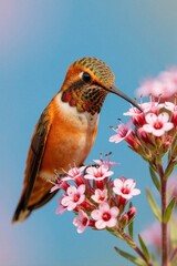 Obraz premium Tiny hummingbird drinks nectar from pink flowers against blue sky. Small avian creature with orange feathers sips sweet liquid, wings blurred in motion. Bird feeding on blossom.