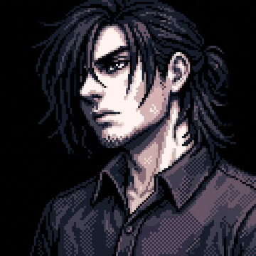 Dark Gothic Young Man Pixel Art Portrait on Black Background
