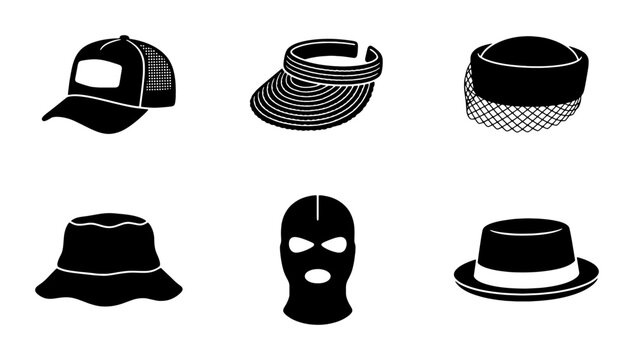 Six Silhouette Headwear Icons: Baseball Cap, Visor, Fascinator, Bucket Hat, Balaclava, Fedora. Vector Graphic Collection for Fashion and Accessory Design.
