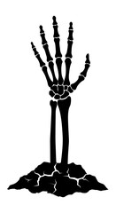 Black silhouette of a skeleton hand rising from the cracked earth isolated on a white background