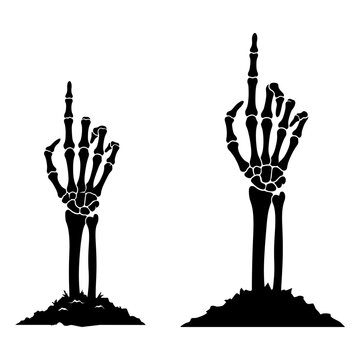 Two skeleton hands rising from the ground with fingers pointing up isolated on a white background