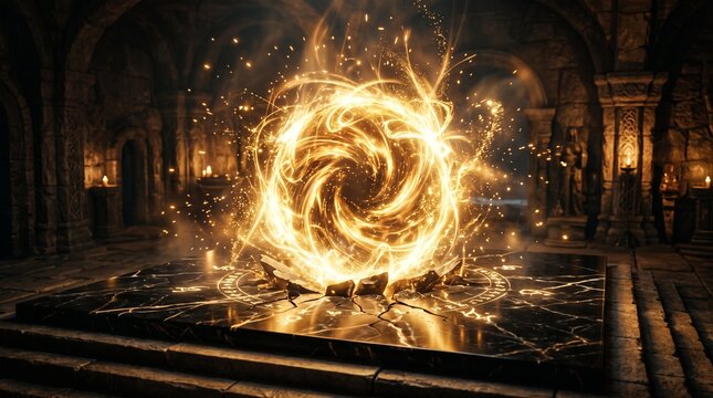 Magical golden energy portal with glowing particles and swirling light effects erupting from a dark, polished marble surface, symbolizing fantasy and creation.