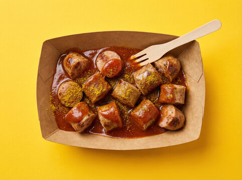 Currywurst German Sausage Snack with Fork Top View