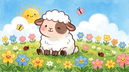 Obraz premium Cute cartoon sheep sits happily in vibrant field of blooming flowers under cheerful sun, fluffy clouds. Butterflies, ladybugs add to idyllic springtime scene, perfect for children stories nature
