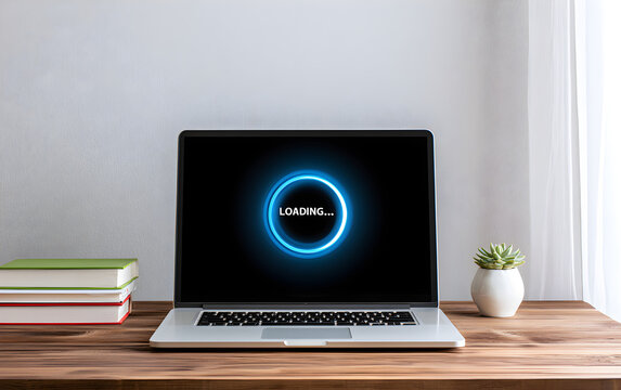 Modern laptop displaying a blue loading spinner and text on its screen placed on a wooden desk next to a stack of books and a potted succulent waiting progress process buffering