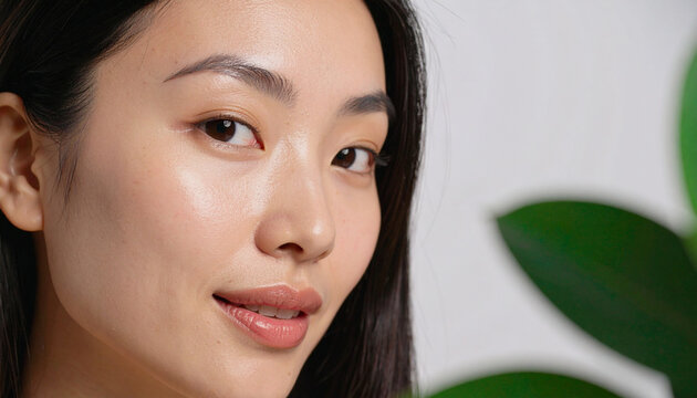 Beauty Portrait with Clean Glowing Skin and Green Leaves