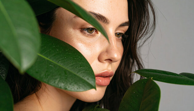 Beauty Portrait Behind Green Leaves Natural Skincare Concept