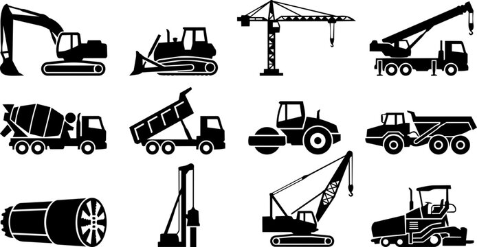 Heavy Construction Machinery Silhouette Icon Set &ndash; Excavator, Crane, Bulldozer, Dump Truck, Road Roller &ndash; Industrial Equipment Vector Collection