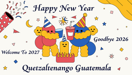 Fototapeta premium Happy New Year 2027 Celebration with Cute Characters, Confetti, and Party Hats - Quetzaltenango, Guatemala