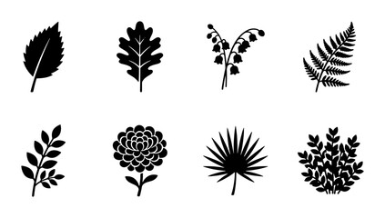 Obraz premium Botanical Vector Icons Set: Nature Leaves, Flowers, Ferns, and Bushes for Organic Design Elements