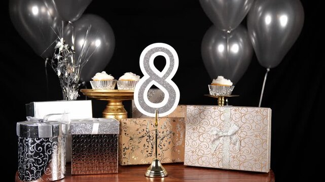 Silver Number 8 with Silver Glitter Sparkles with Gifts and Balloons and Cupcakes for Party Eight