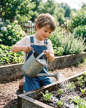 Boy watering seedlings in sunny garden. Concept of gardening education, eco camps, summer chores, family lifestyle and children learning.
