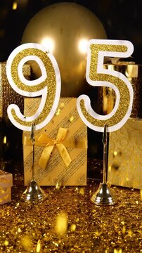 Gold Number 95 with Gold Glitter Confetti Sparkles with Gifts and Balloons for Party Ninety Five