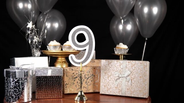 Silver Number 9 with Silver Glitter Sparkles with Gifts and Balloons and Cupcakes for Party Nine