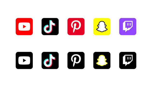 Social Media Icons Collection 2026, Social Media Network Icons Set, YouTube, TikTok, Pinterest, Snapchat, Twitch, Logos in Color and Black