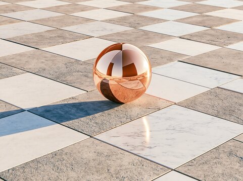 Reflective rose gold chrome sphere on a marble checkerboard tile floor
