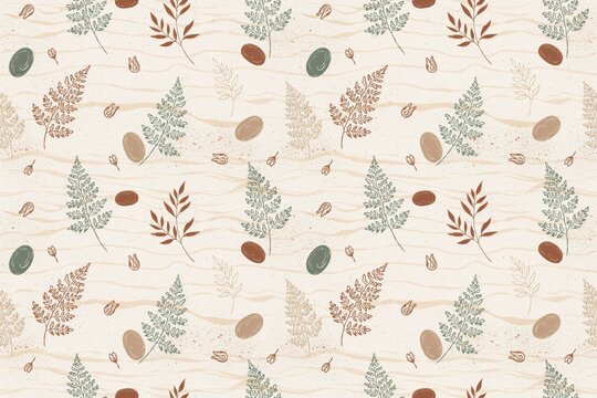 Seamless pattern with colorful fern leaves and small smooth stones on a beige background, with wavy lines, for a calming, and organic nature