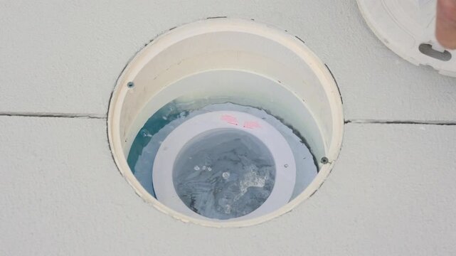 Inserting a Chlorine tablet into the pool filter for maintenance.