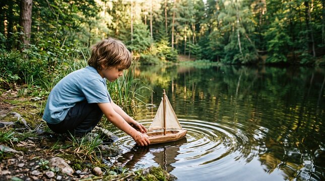 Boy launching handmade toy sailboat in forest pond. Concept of outdoor toys, nature camps, creative play and childhood exploration.