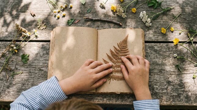 Child placing dried lives in nature journal outdoors. Concept of summer homework, school supplies, educational publishing and creative learning.