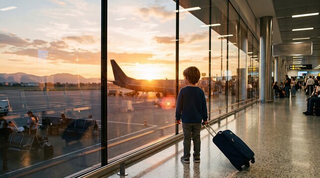 Child waiting with rolling suitcase inside airport terminal. Concept of family flights, airline services, airport travel and summer holiday campaigns.