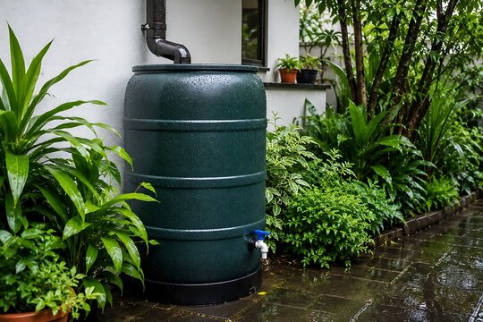 Green rain barrel connected to downspout in garden