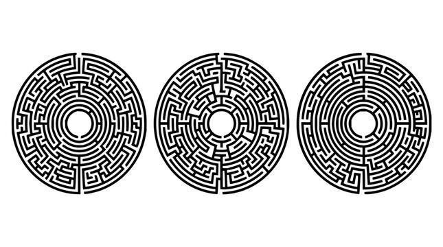 Circular maze designs set with geometric patterns featuring concentric circles, labyrinth motifs, and abstract pathways with minimalist style and clean lines