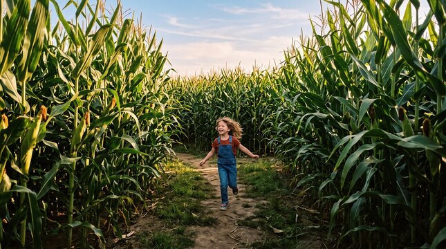 Child exploring narrow path through tall corn maze. Concept of farm tourism, family attractions, outdoor adventure and seasonal entertainment.