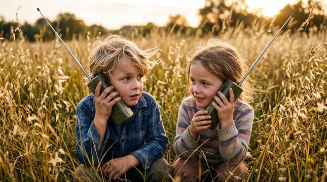 Children using walkie talkies together in wheat field. Concept of communication toys, adventure camps, teamwork and outdoor summer games.
