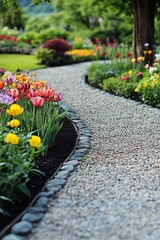 Fototapeta premium Beautiful Landscape Garden Featuring A Winding Gravel Path Lined With Colorful Spring Tulip Flowers