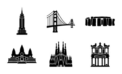 Naklejka premium Iconic Landmark Silhouettes: Global Architecture Collection, 6 Famous Buildings Vector Set for Travel and History Projects