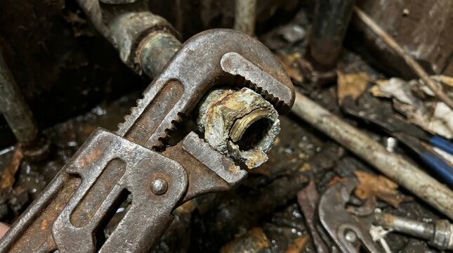 Detailed view of an old adjustable wrench resting on a corroded pipe in a poorly lit basement environment