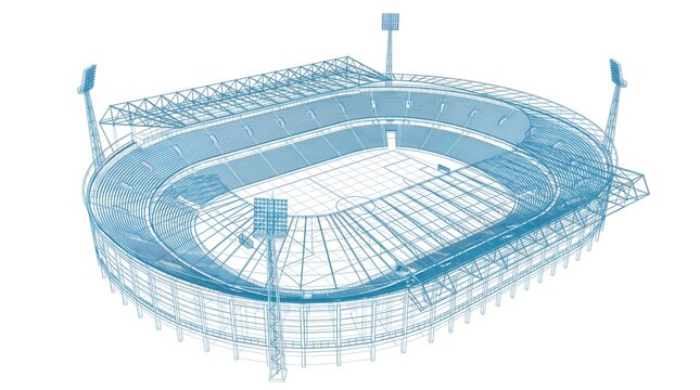 Football stadium blueprint wireframe illustration, sports arena architecture concept.