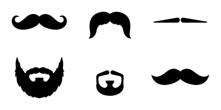 Diverse Black Mustache and Beard Silhouettes, Vector Icons for Men's Grooming, Style, and Facial Hair Elements