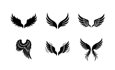 Fototapeta premium Set of Six Black Angel Wings Vector Icons, Stylized Feathered Wing Graphics for Fantasy and Spiritual Designs, Isolated Wing Emblems