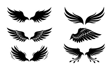 Fototapeta premium Set of Six Black Angel Wings Vector Icons, Stylized Feathered Wing Graphics for Emblems and Tattoos, Graphic Design Elements