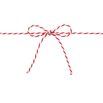 A simple bow made of red and white striped baker twine string, isolated on a white background, for gift wrapping, and craft decoration projects isolated on a transparent background