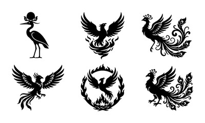 Naklejka premium Mythical Phoenix Vector Icons Set, Majestic Bird Silhouettes, Fiery Emblem Graphics, Heraldic Crest Designs, Symbol of Rebirth and Immortality