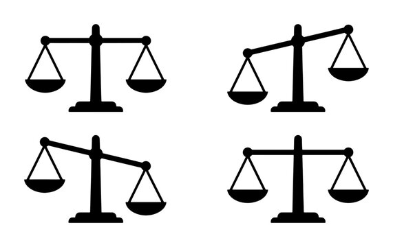 Justice Scales Icons, Legal Balance Symbols, Equality Measurement Graphics, Law and Order Vector Set