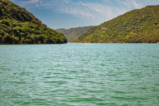 Lim Fjord scenic channel with green water. Istria, Croatia.