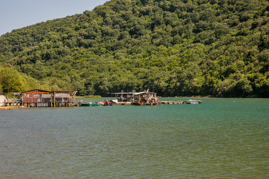 Oyster and mussel farm platforms on Lim Fjord, Croatia.