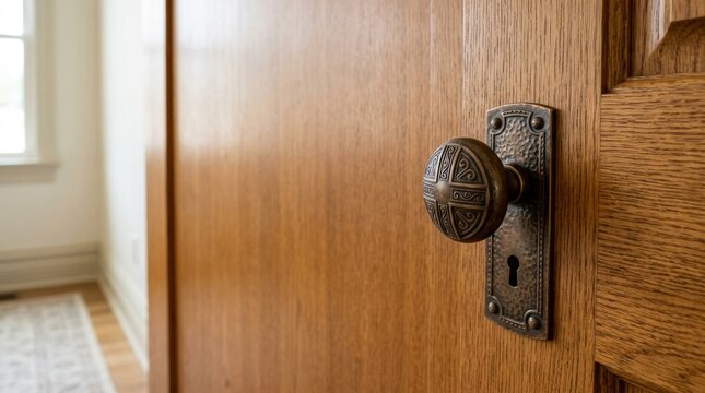 Close up of an antique ornate metal door knob on a wooden door.