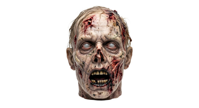 Creepy zombie head with wounds on transparent background