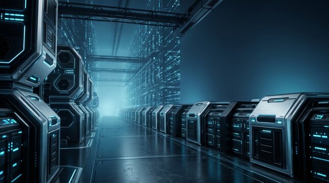 Modern Data Center Server Room with Advanced Network Infrastructure and Cloud Technology