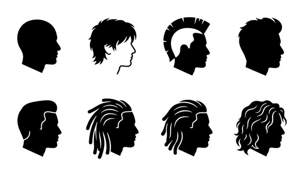 Diverse Male Hairstyles Silhouettes, Profile Views, Modern & Classic Haircuts, Vector Icons Set for Design