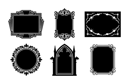 Ornate Decorative Frames Collection, Vintage Art Deco & Gothic Styles, Black Vector Elements for Design Projects